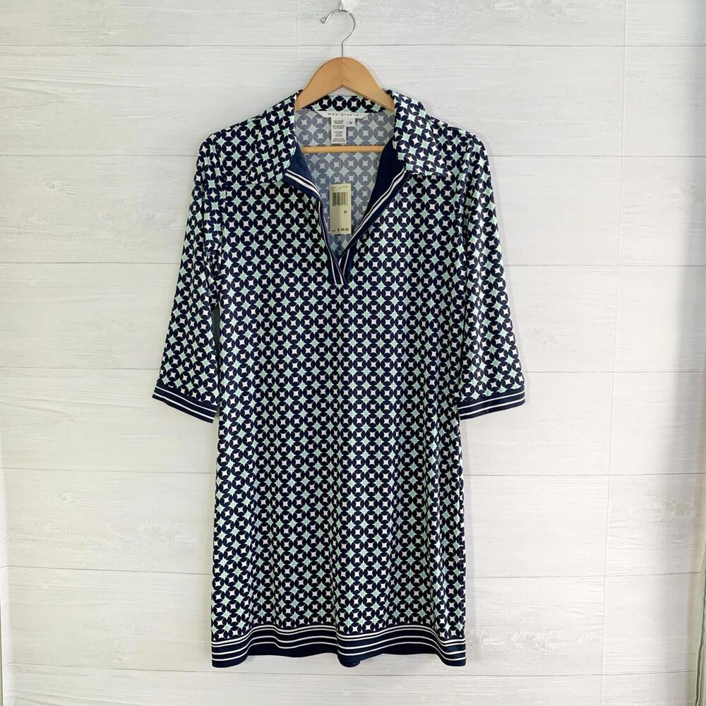 NWT Max Studio - Navy & aqua geometric short sleeve polo dress, M